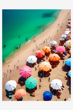 沙滩边摆放着一排排彩色的遮阳伞