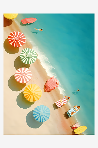 夏日沙滩边摆放着一排彩色的遮阳伞