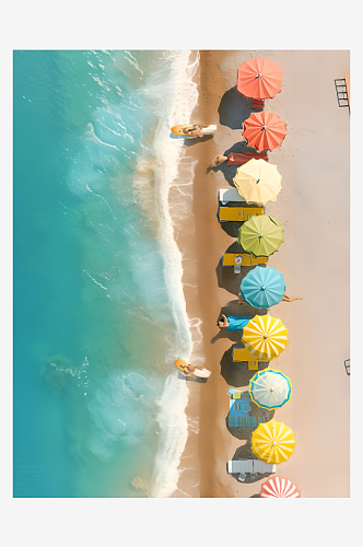 沙滩边摆放着一排排彩色的遮阳伞