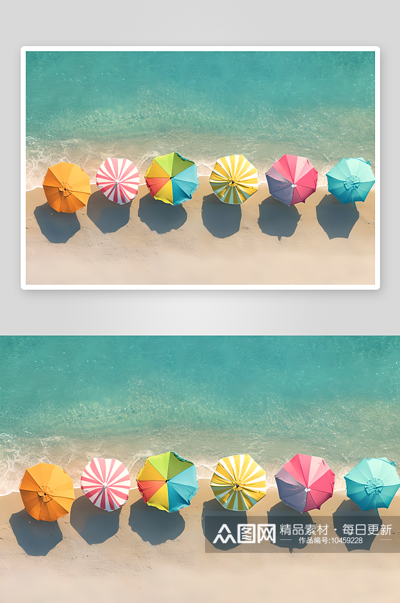 沙滩边摆放着一排彩色的遮阳伞素材