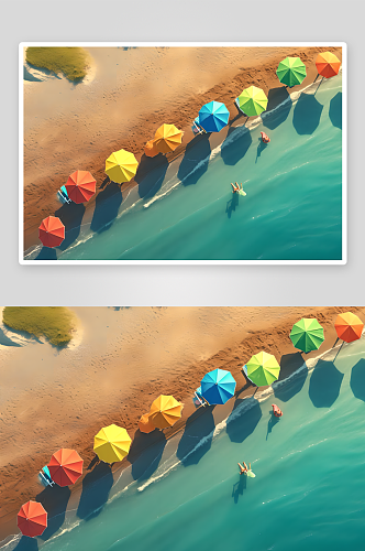 沙滩边摆放着一排彩色的遮阳伞