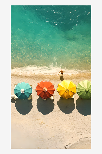 沙滩边摆放着一排彩色的遮阳伞