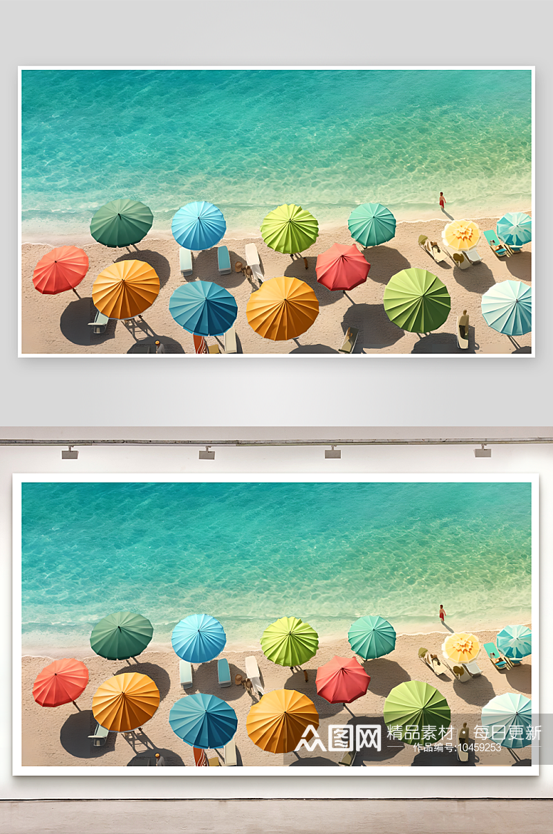夏日沙滩边摆放着一排彩色的遮阳伞素材
