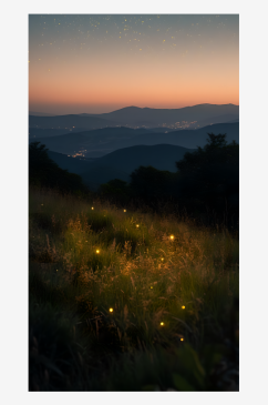 暮色渐浓夏季山脉中布满了闪烁的萤火虫