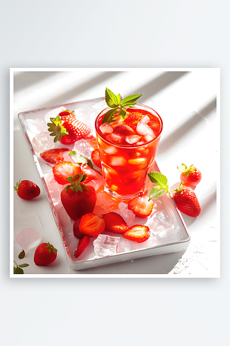 饮品草莓汁和冰块白色背景图