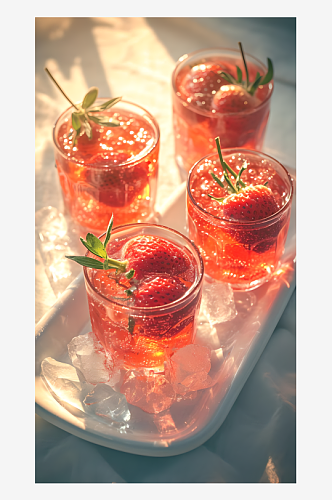 饮品草莓汁和冰块白色背景图