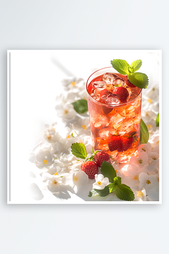 饮品草莓汁和白色鲜花写实图