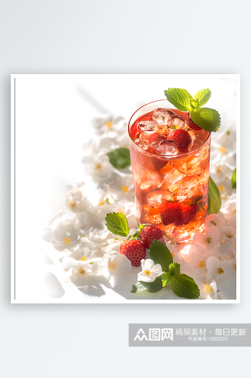 饮品草莓汁和白色鲜花写实图素材