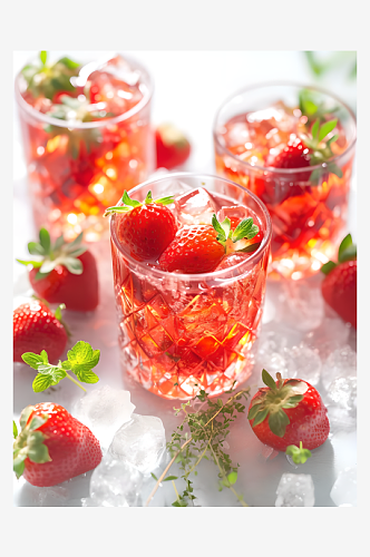 草莓汁和冰块白色背景图