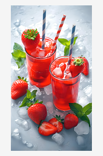 草莓汁和冰块白色背景图