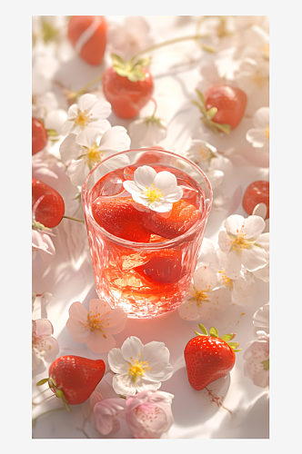 饮品草莓汁和白色鲜花写实图