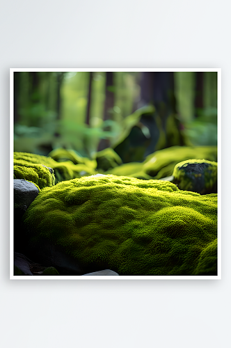 嫩绿色的苔藓覆盖在岩石上细腻而柔软