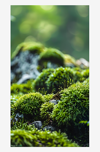 森林嫩绿色的苔藓覆盖在岩石上细腻而柔软