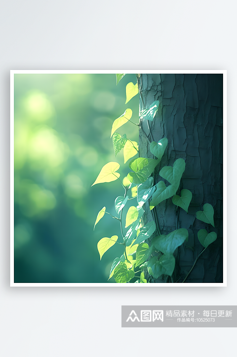 碧绿色精致的铁青藤蔓在树干上攀爬生长素材