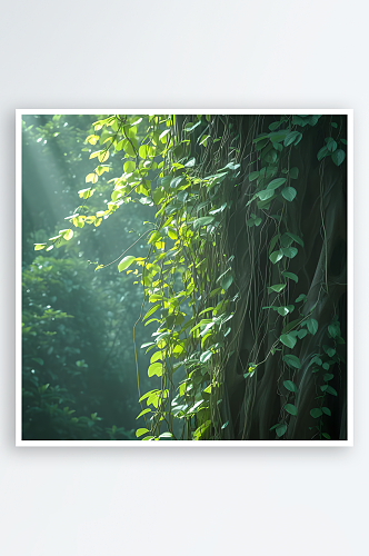 碧绿色精致的铁青藤蔓在树干上攀爬生长