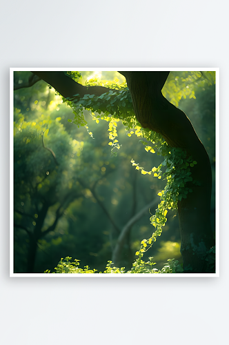 碧绿色精致的铁青藤蔓在树干上攀爬生长