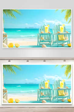 夏天海滩和柠檬水饮品摄影图