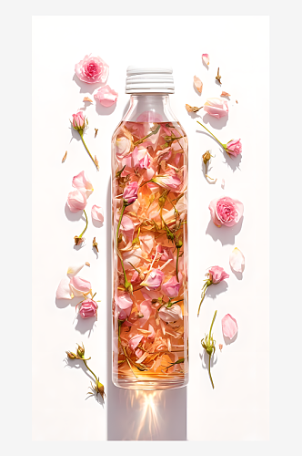 玫瑰花茶放在瓶子里白底背景
