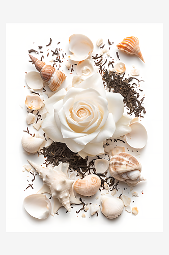玫瑰花和贝壳海螺白底背景