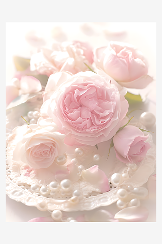 玫瑰花和珍珠白底背景
