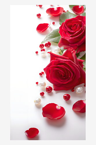 红色玫瑰花和珍珠白色背景图