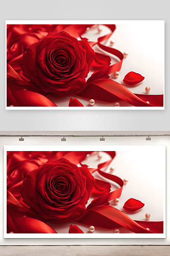 红色玫瑰花和珍珠白色背景图