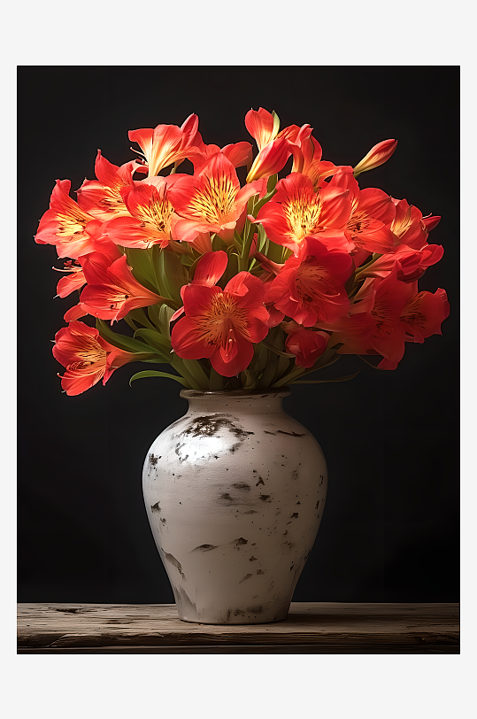 红色的鲜花放在花瓶中黑色背景图