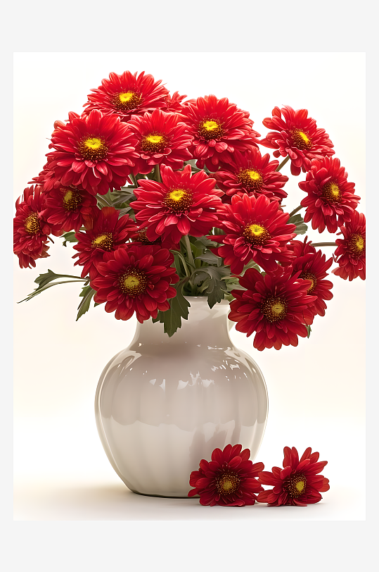 红色的鲜花放在花瓶中白色背景图