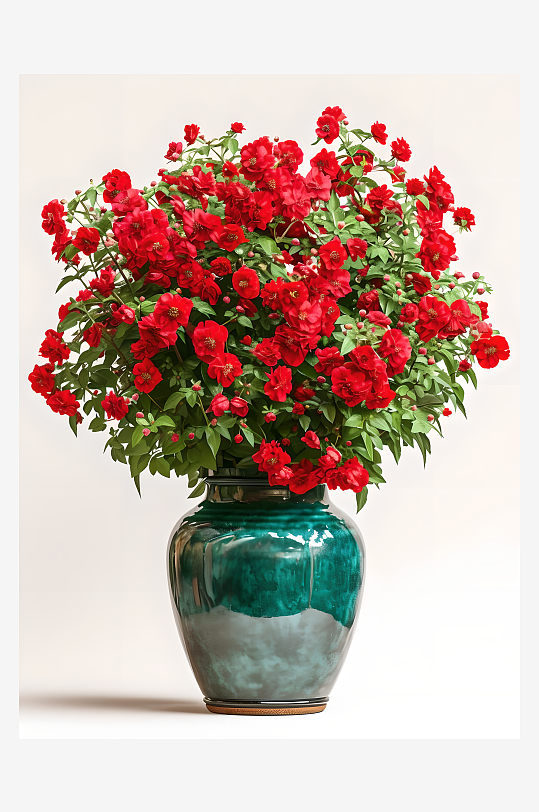 红色的鲜花放在花瓶中白色背景图