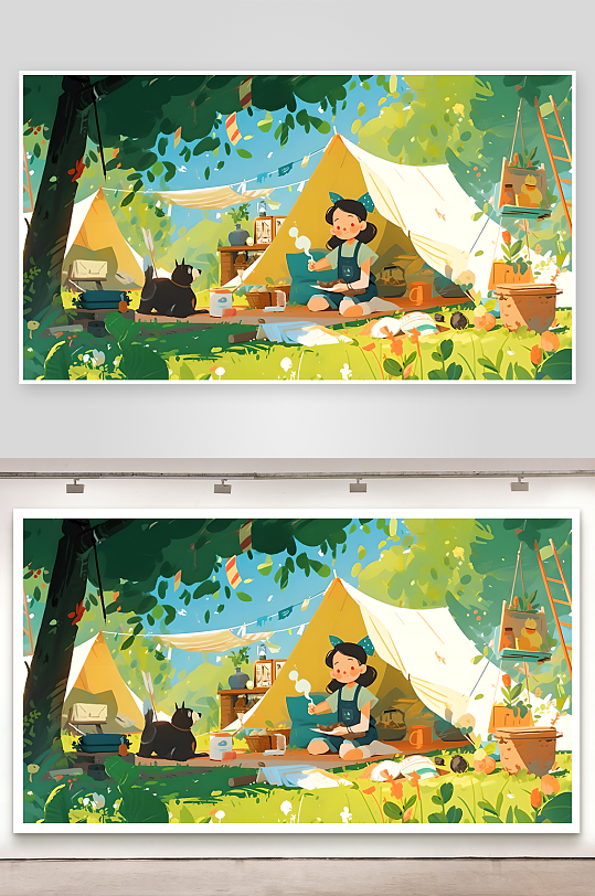 游玩露营帐篷插画图