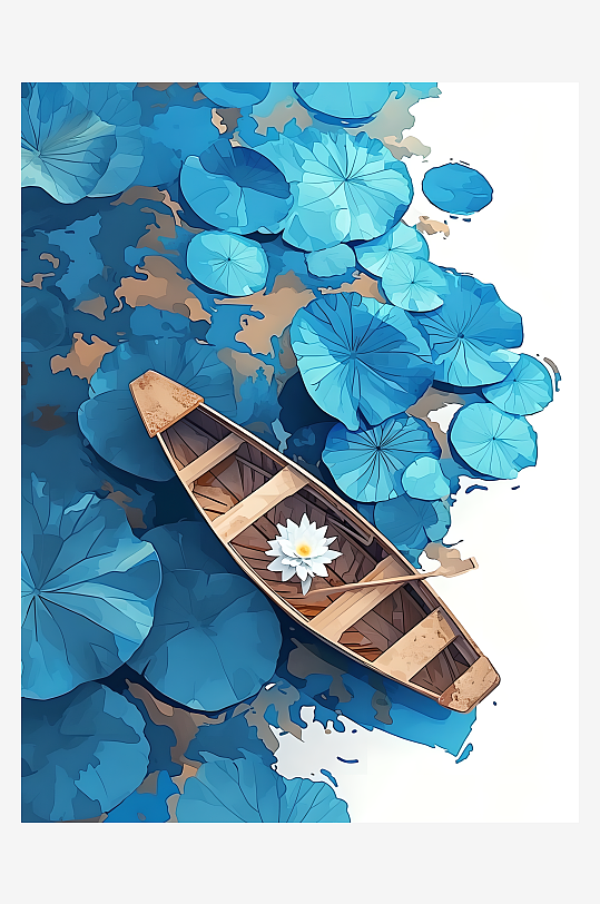 夏日荷塘和小船插画