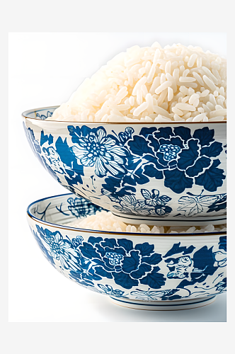 稻穗和青花瓷碗装着的大米白色背景