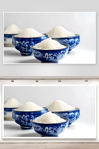 稻穗和青花瓷碗装着的大米白色背景