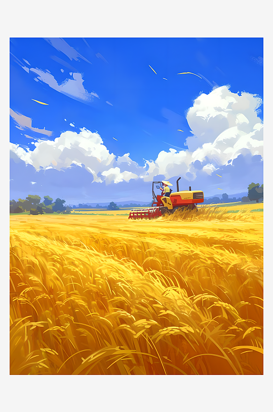 田园风光丰收的小麦田插画