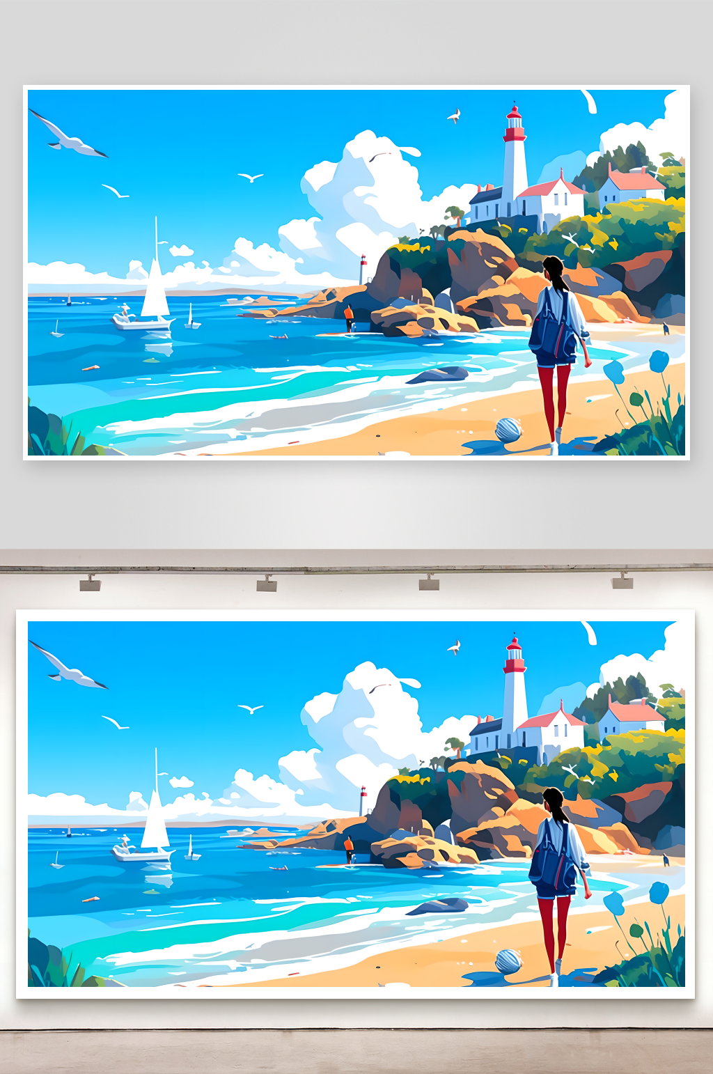 夏季海边灯塔插画素材