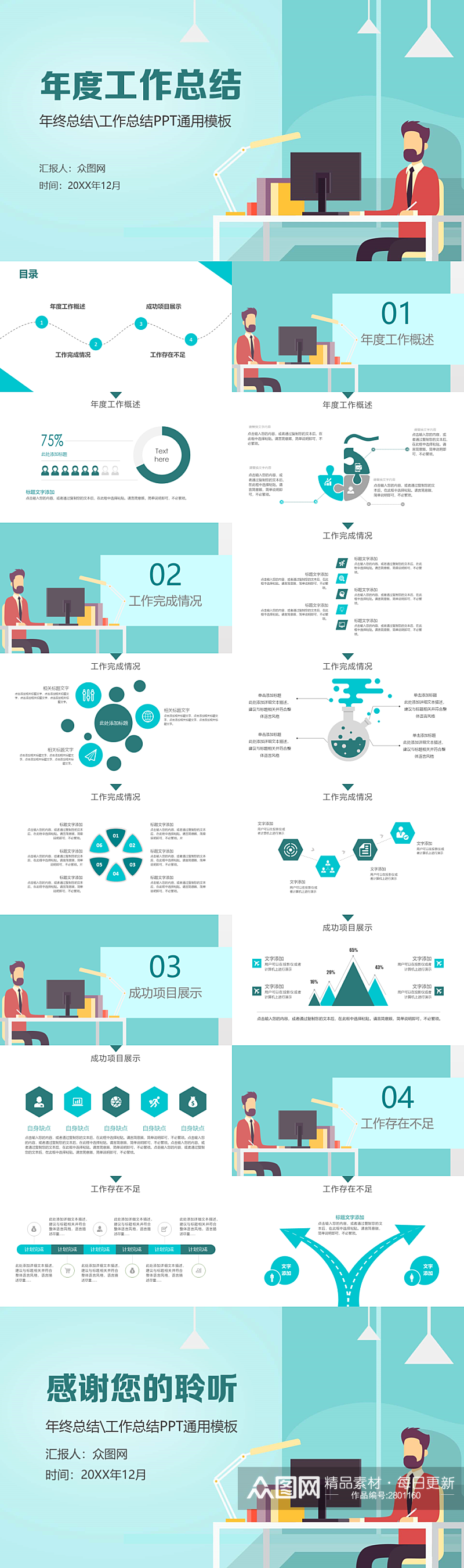 青色扁平化年度工作总结工作汇报PPT模板素材