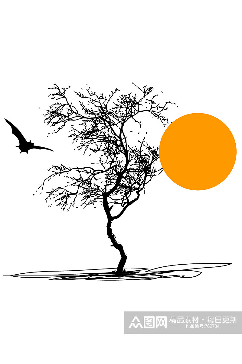 枯树枝桠蝙蝠剪影素材