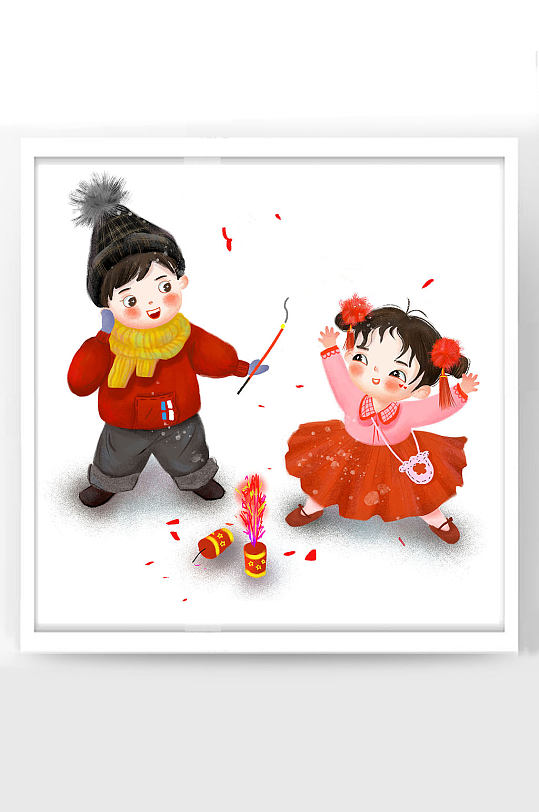春节牛年新年卡通插画俩福娃点鞭炮