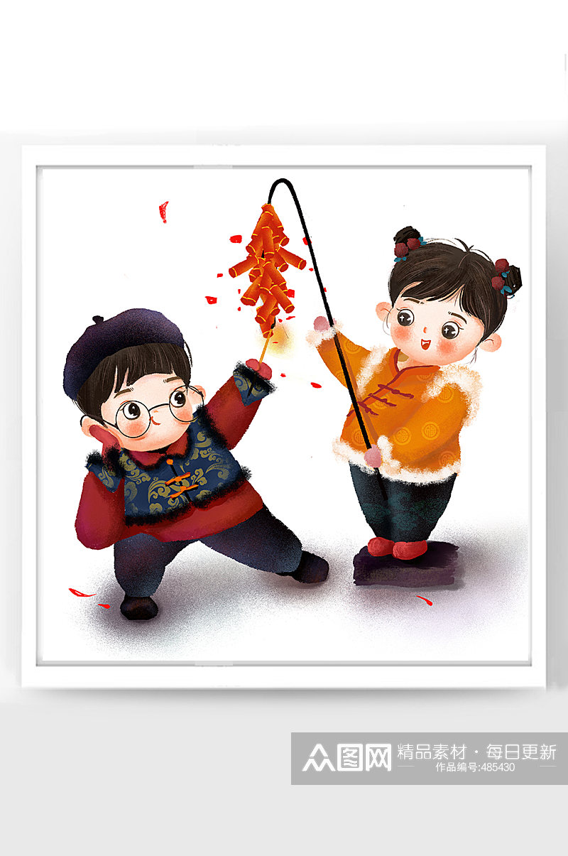 春节牛年新年卡通插画福娃一起放鞭炮素材