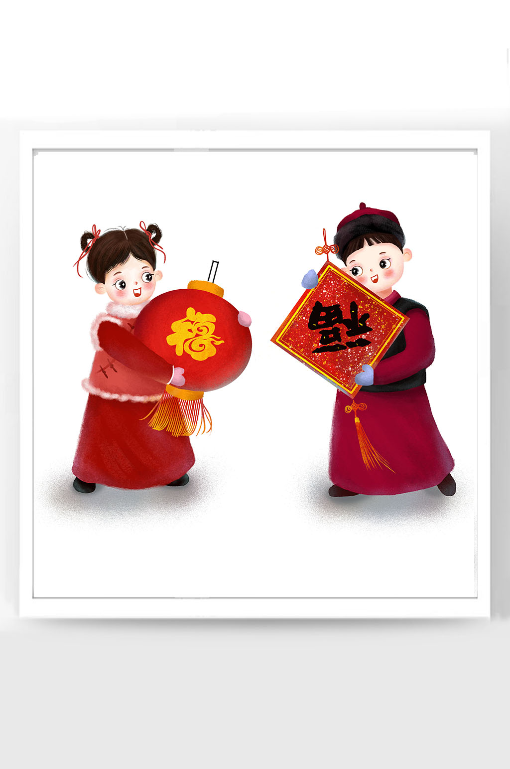 春节牛年新年卡通插画福娃拿福字挂灯笼素材