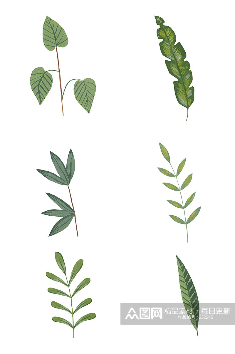 手绘扁平多造型叶子植物元素免抠素材