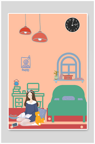 女孩在卧室看书海报温馨可爱日系插画