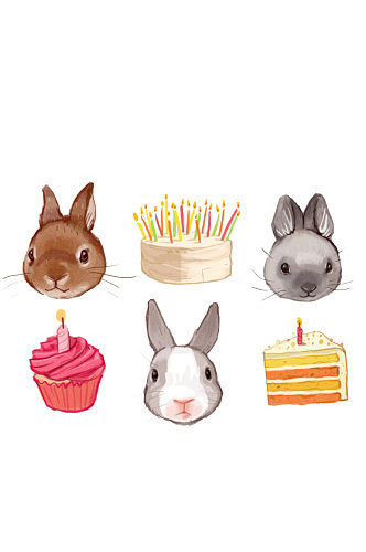 可爱动物蛋糕甜品兔子手绘插画免抠PNG