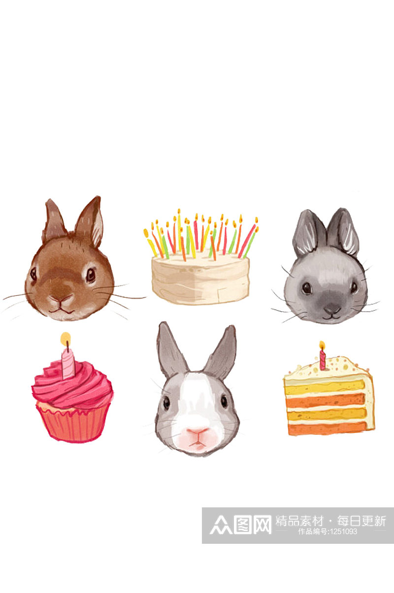可爱动物蛋糕甜品兔子手绘插画免抠PNG素材
