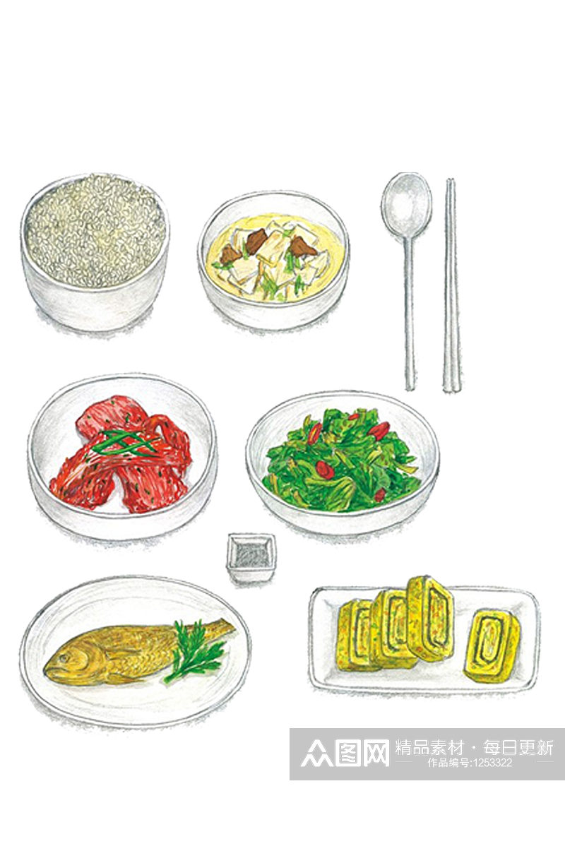 韩国食物套餐手绘画素材元素免抠PNG素材