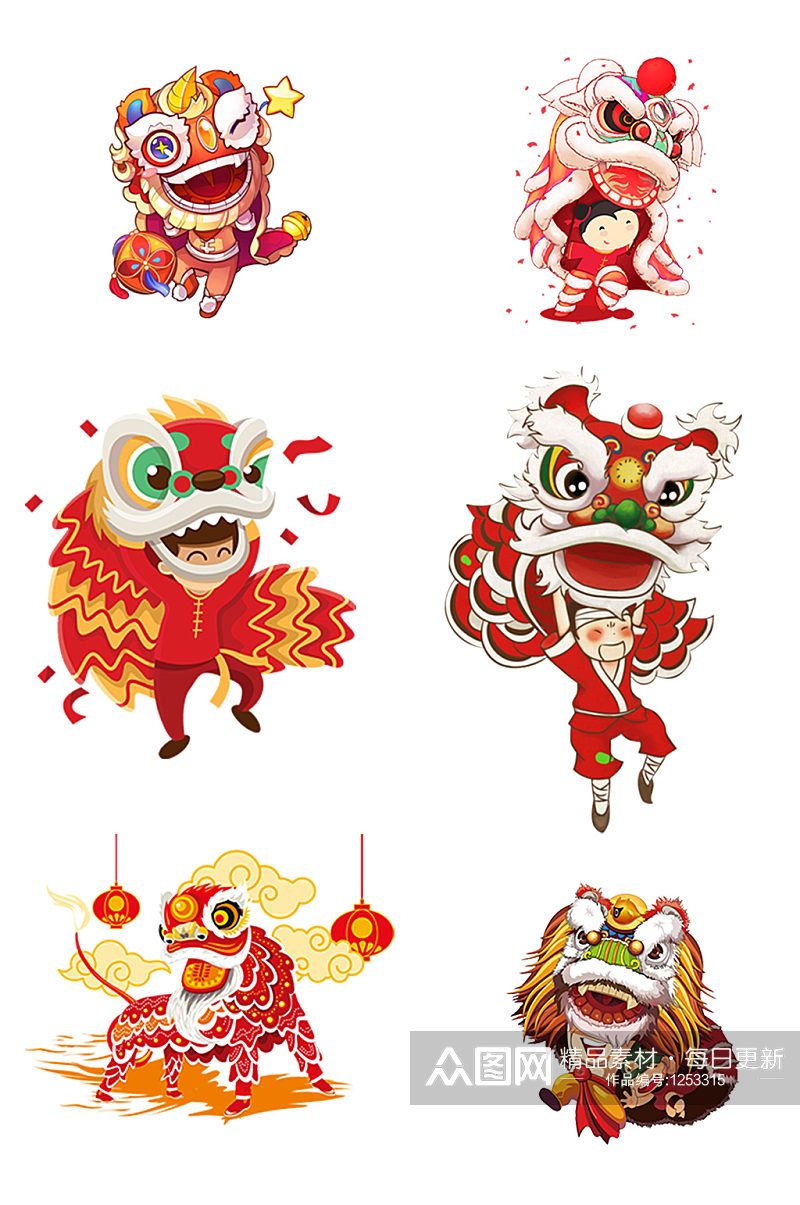 卡通新年春节舞狮子舞龙手绘插画免抠PNG素材