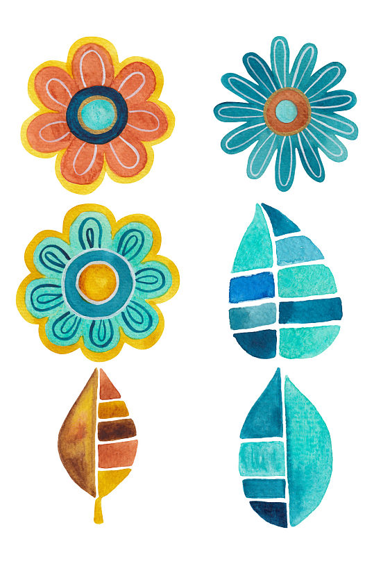水彩手绘插画花朵和叶子装饰元素PNG