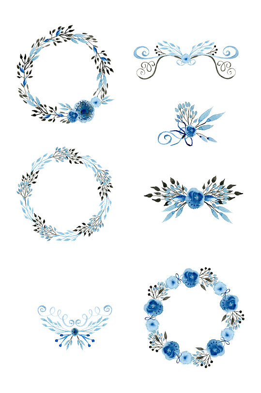 多款手绘水彩蓝色鲜花树叶边框免抠PNG