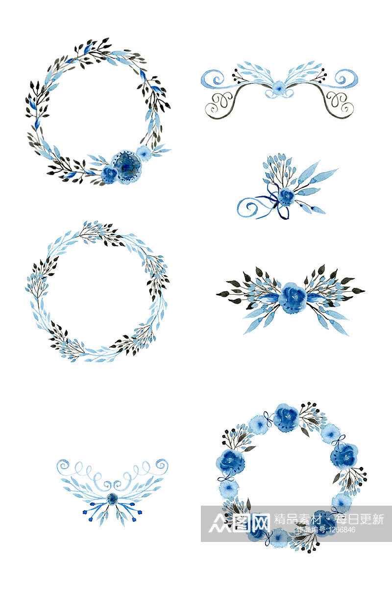 多款手绘水彩蓝色鲜花树叶边框免抠PNG素材