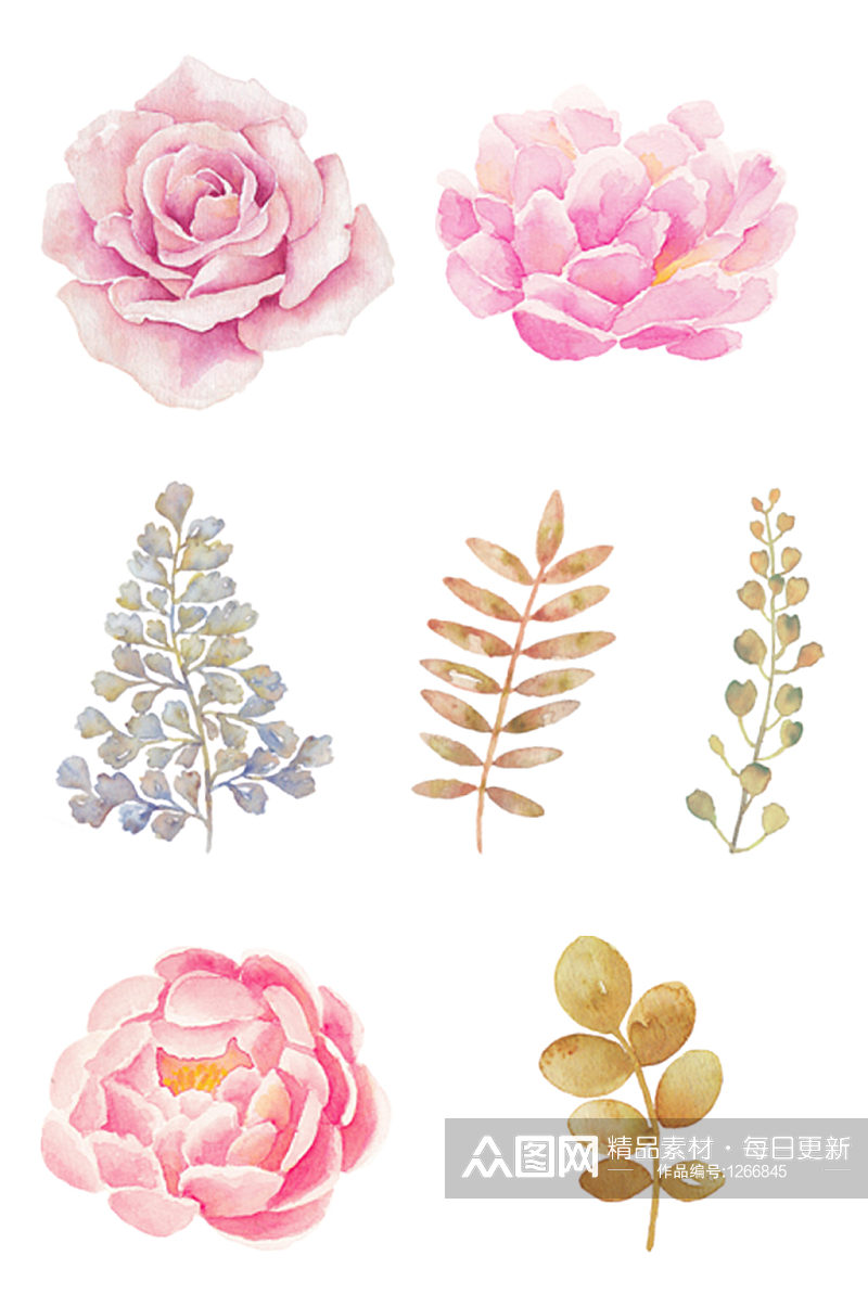 多款手绘水彩粉嫩鲜花树叶元素免抠PNG素材